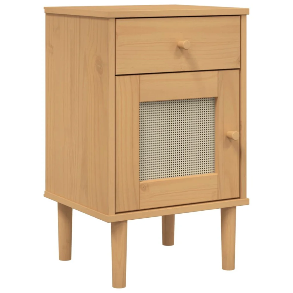 SENJA Rattan Look Brown Bedside Cabinet 15.7x13.8x25.6 Inches Solid Wood Pine Nightstand