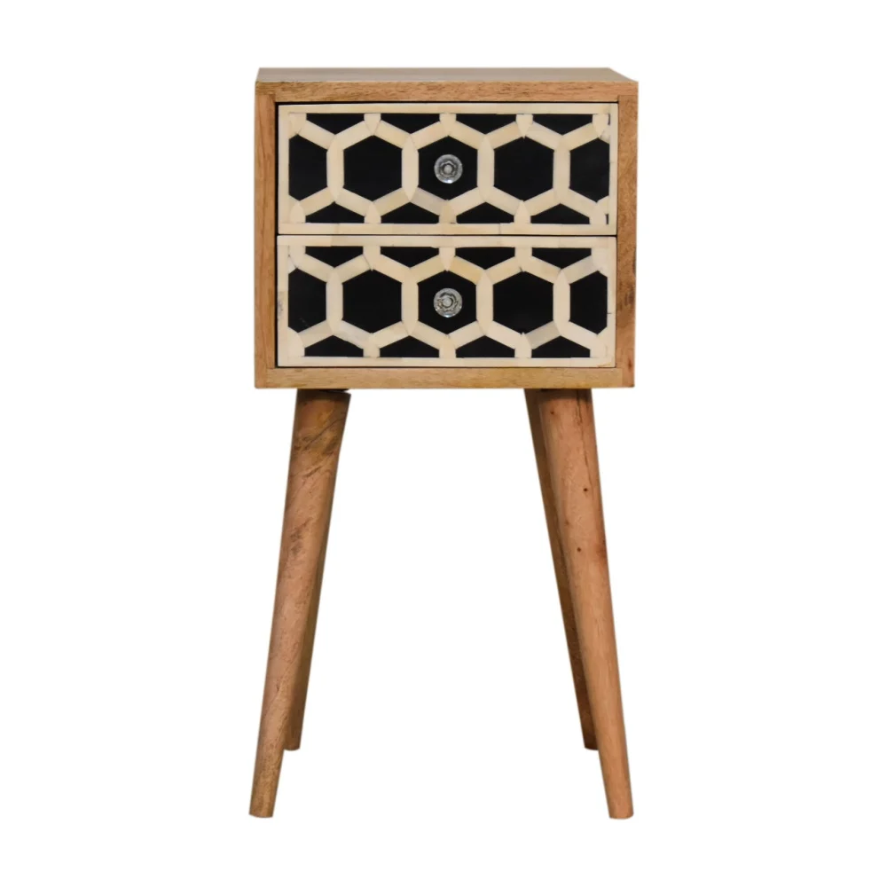 Solid Timber Mini Bone Inlay 2 Drawer Bedside Table in Light Brown