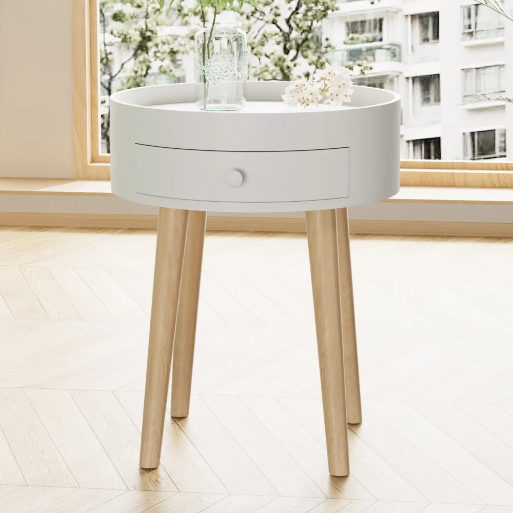 Yardi Yard White Nightstand Bedside Table with Storage Drawer Modern End Side Table for Living Room