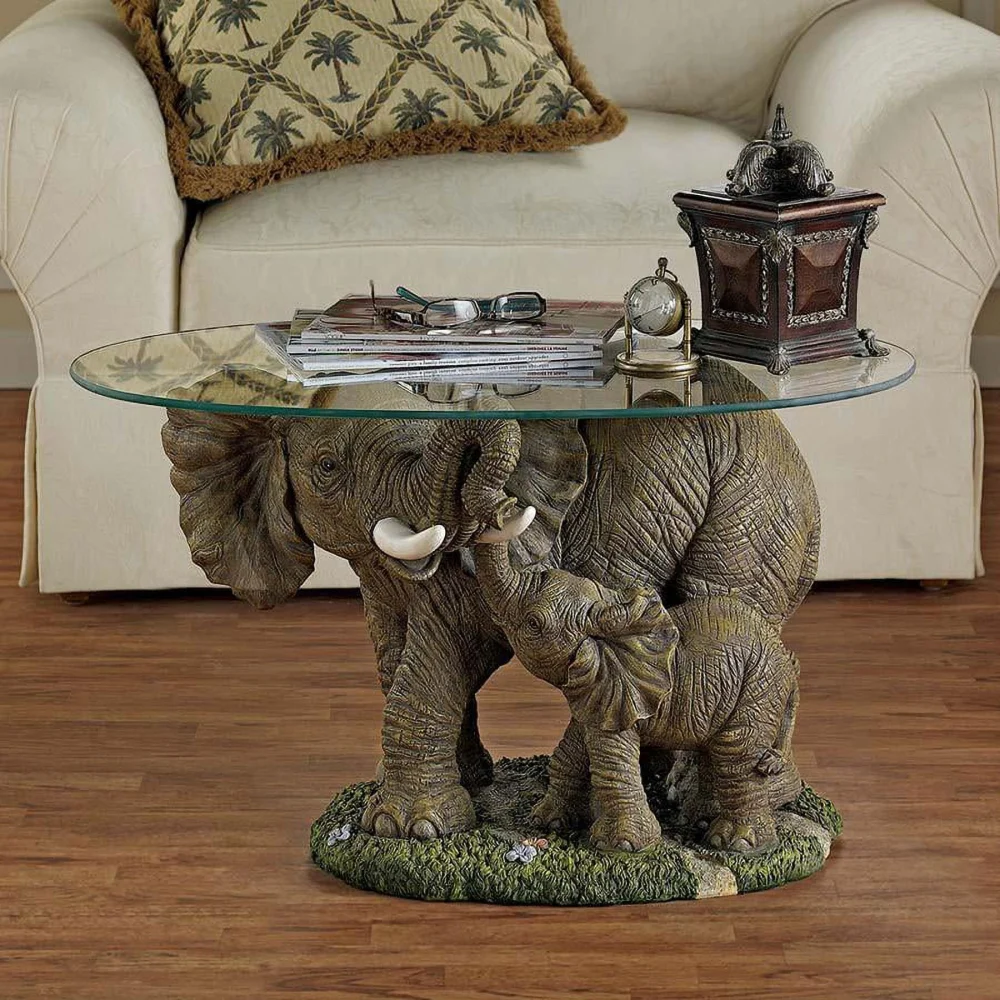 African Wildlife Elephant Mother and Calf Glass Top Cocktail Table