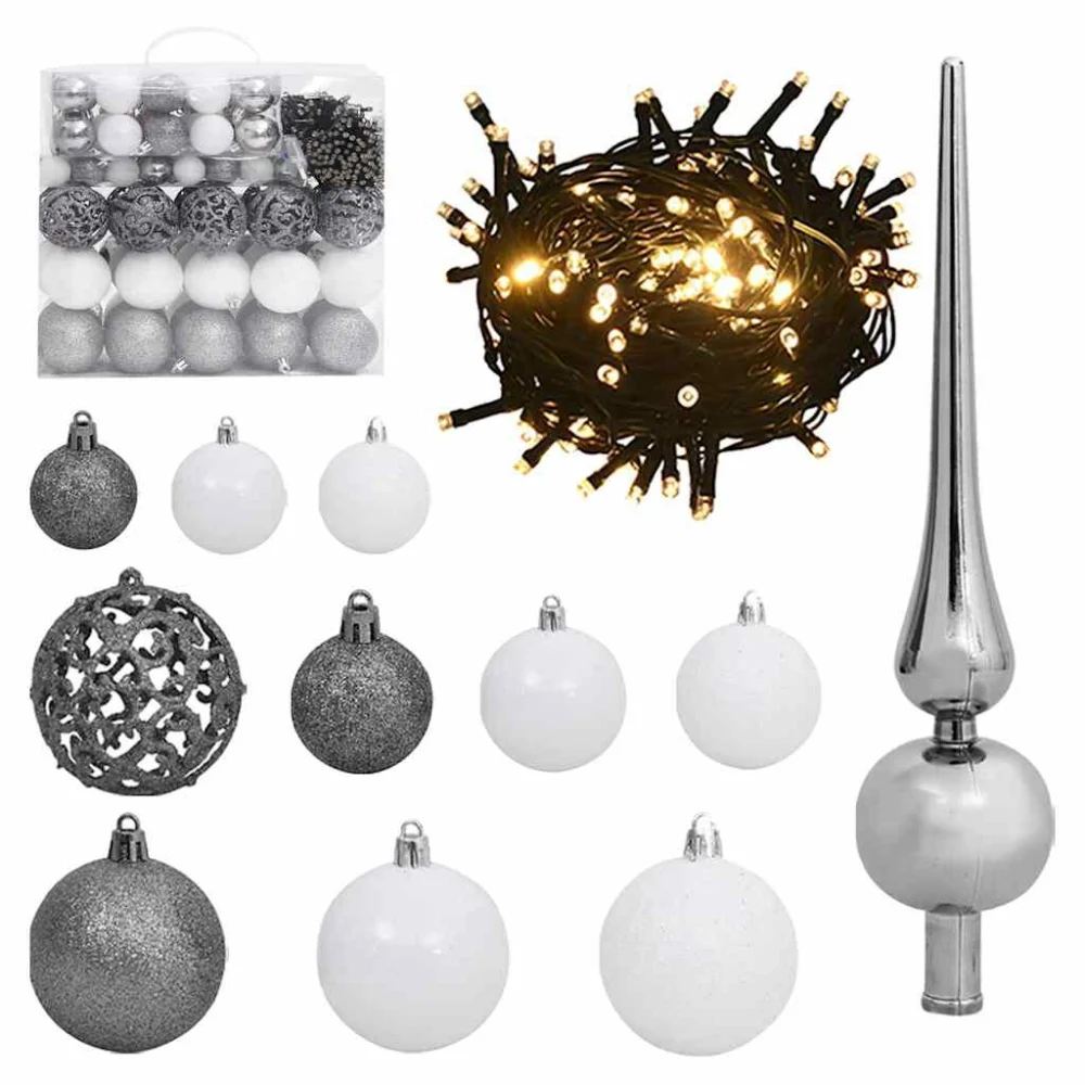 120 Piece Christmas Ball Ornament Set with Peak and 300 LED White & Gray Decor