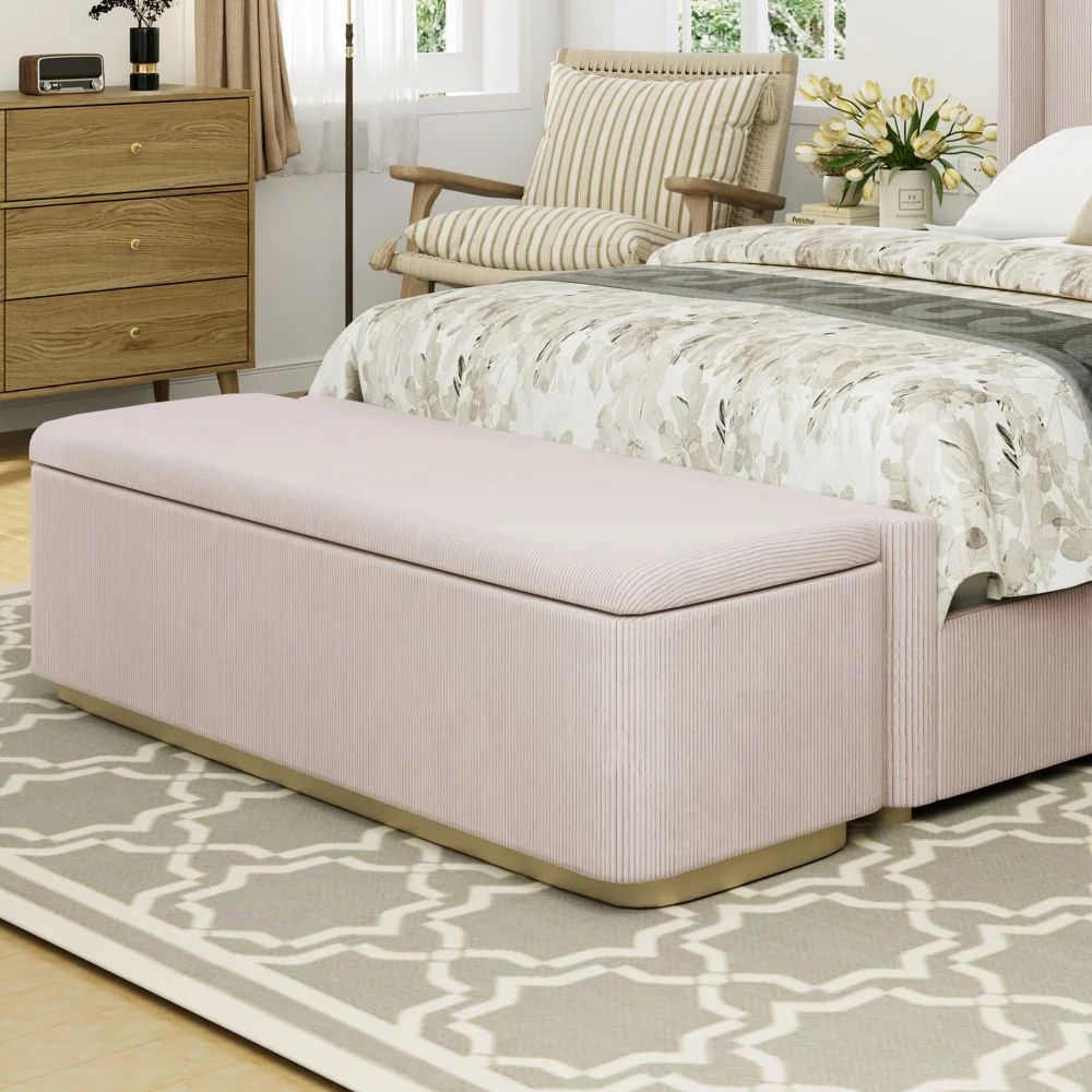 59.1 Inch Corduroy Upholstered Storage Ottoman With Vertical Stripe Design