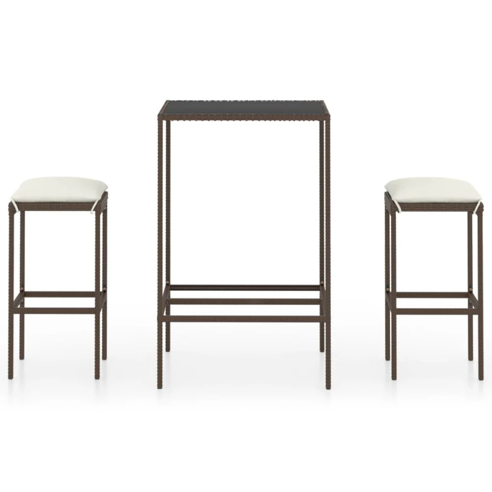 3 Piece Patio Bar Set with Cushions Brown Poly Rattan Outdoor Furniture