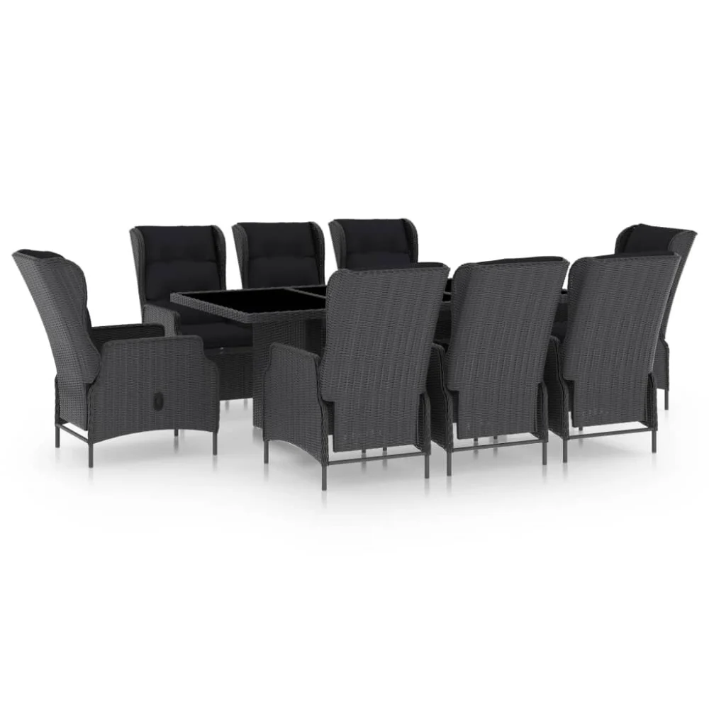 9 Piece Dark Gray Poly Rattan Patio Dining Set with Cushions