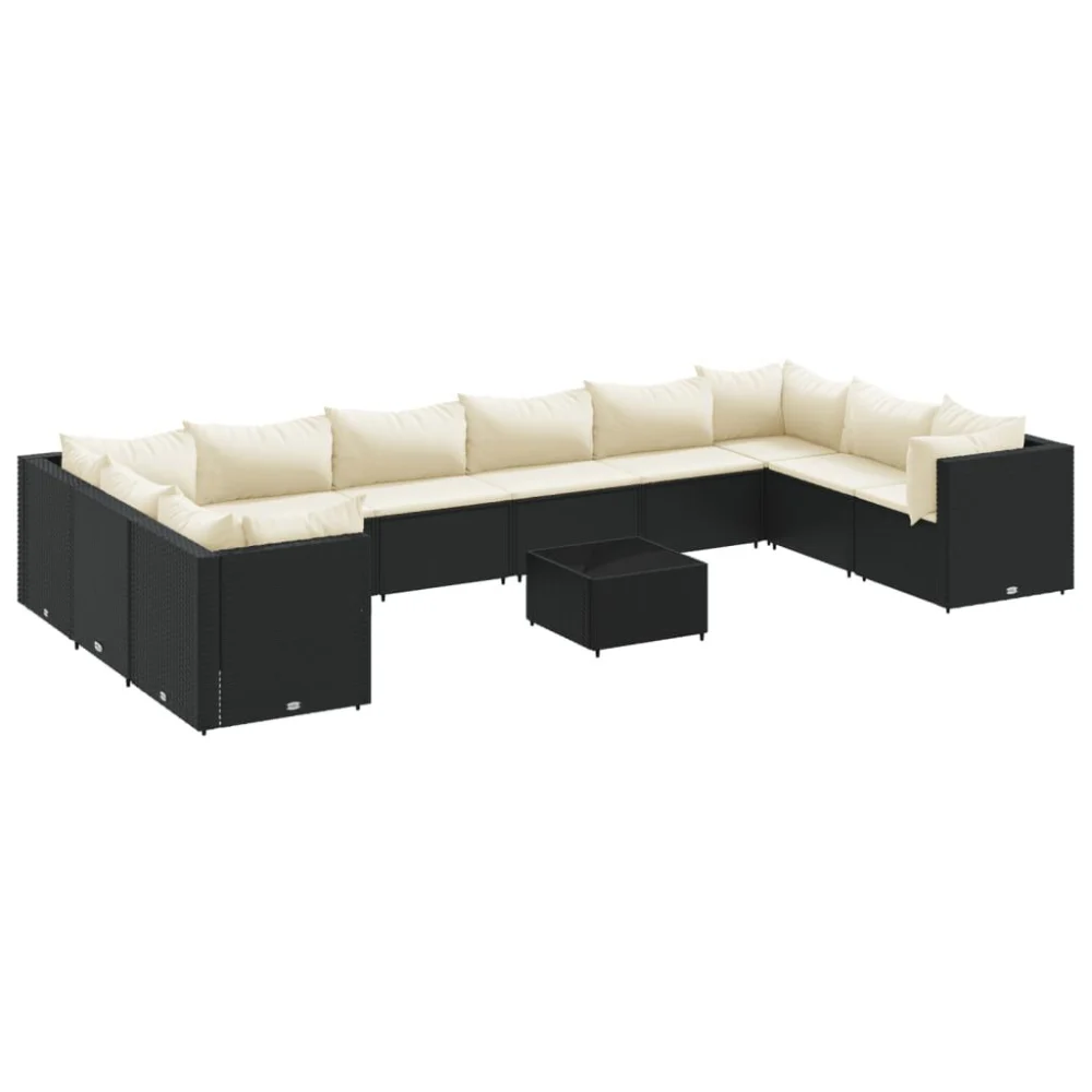 11 Piece Black Poly Rattan Patio Lounge Set with Cushions Outdoor Furniture