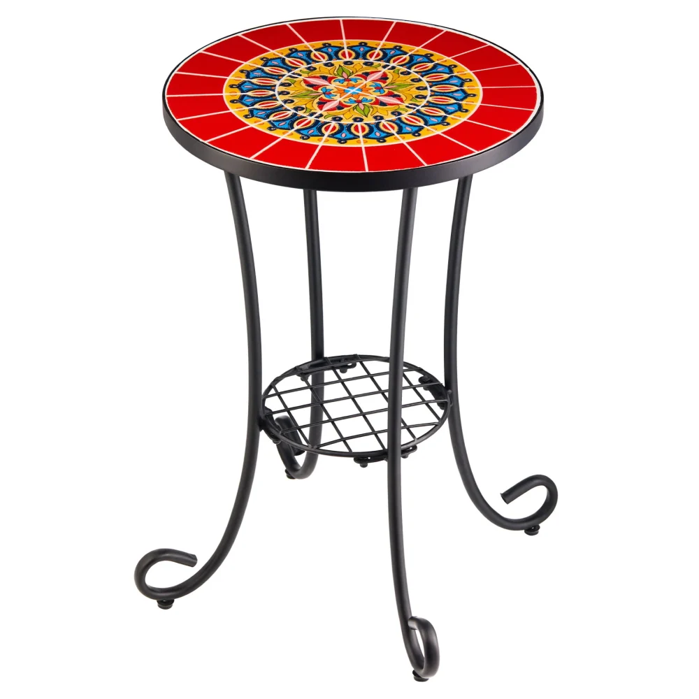 Bestco 14 Mosaic Side Table with Ceramic Top Shelf Metal Legs Outdoor Plant Stand Faberge