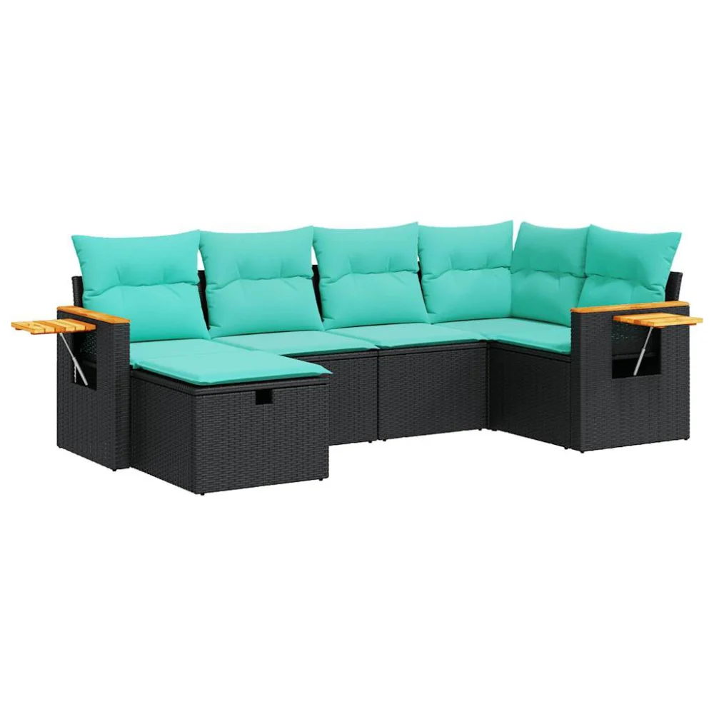 6 Piece Patio Sofa Set with Cushions Black Poly Rattan Outdoor Furniture