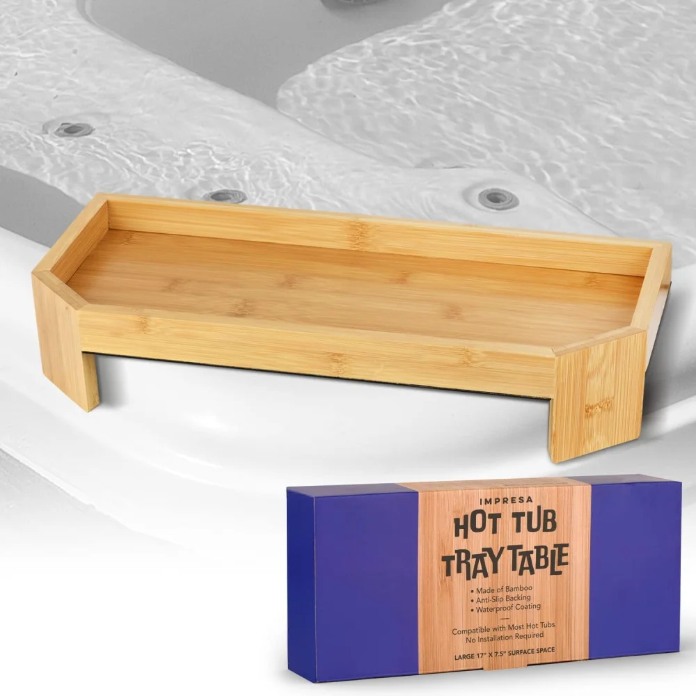 Bamboo Hot Tub Tray Table for Drinks - Waterproof UV Coated Side Table 17 x 7.5