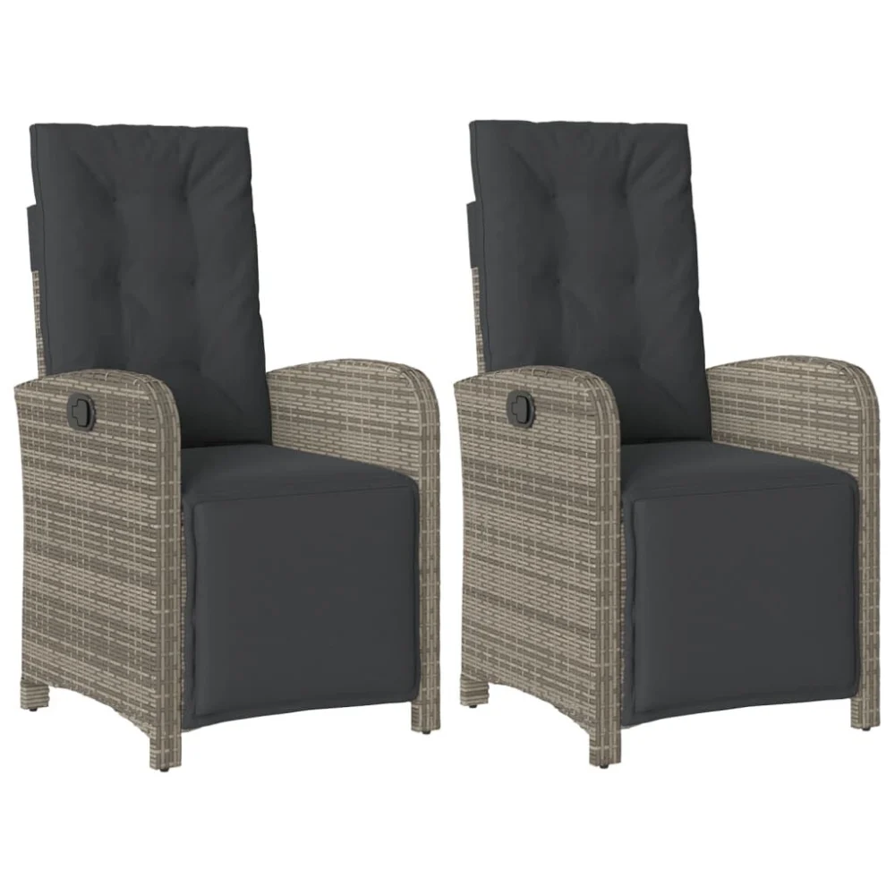 2 Pack Gray Poly Rattan Reclining Patio Chairs with Footrest Outdoor Set
