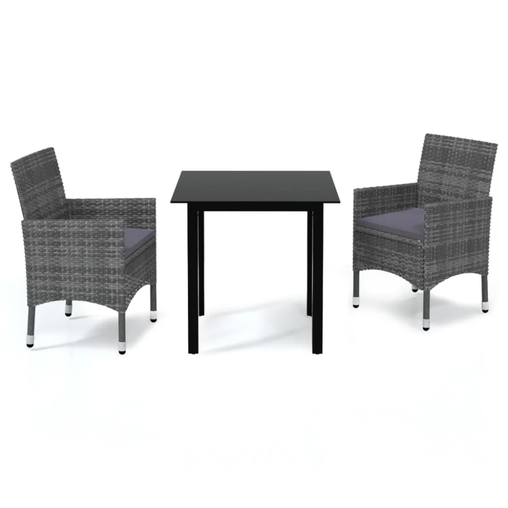 3 Piece Gray Poly Rattan Patio Dining Set with Cushions