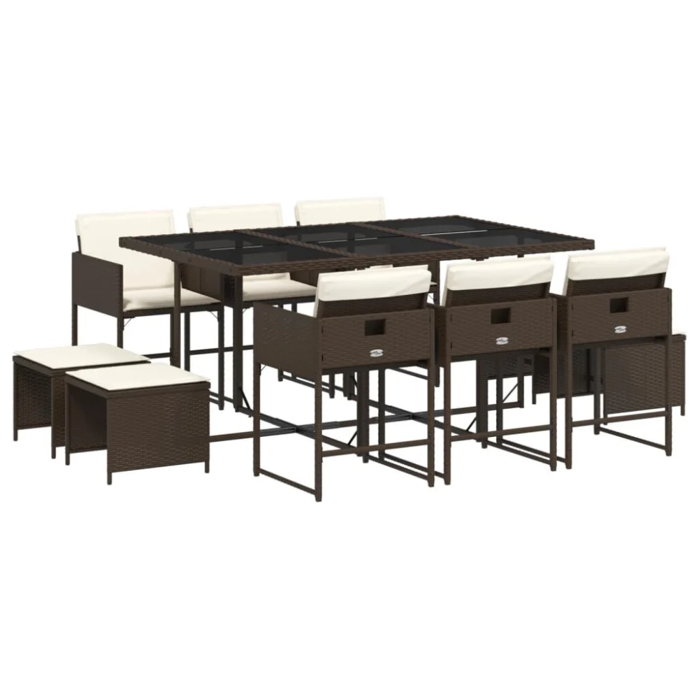 11 Piece Brown Poly Rattan Patio Dining Set with Cushions Complete Outdoor Set