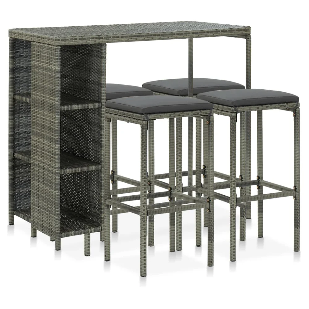 5 Piece Patio Bar Set with Cushions Poly Rattan Gray Outdoor Bistro Dining Furniture