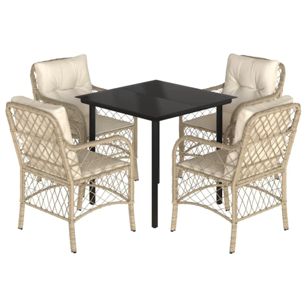 5 Piece Patio Dining Set with Cushions Beige Poly Rattan Outdoor Furniture