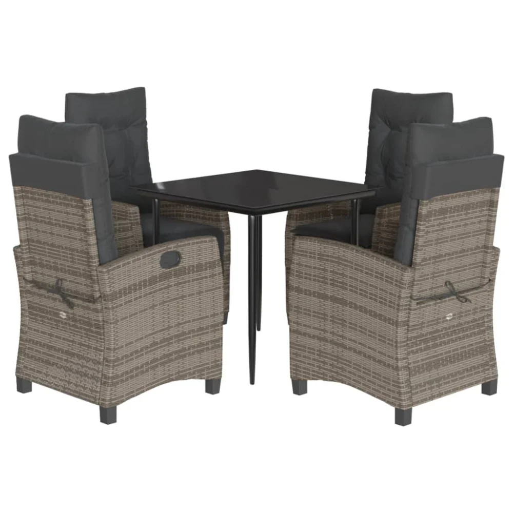 5 Piece Patio Dining Set with Cushions Gray Poly Rattan Outdoor Furniture
