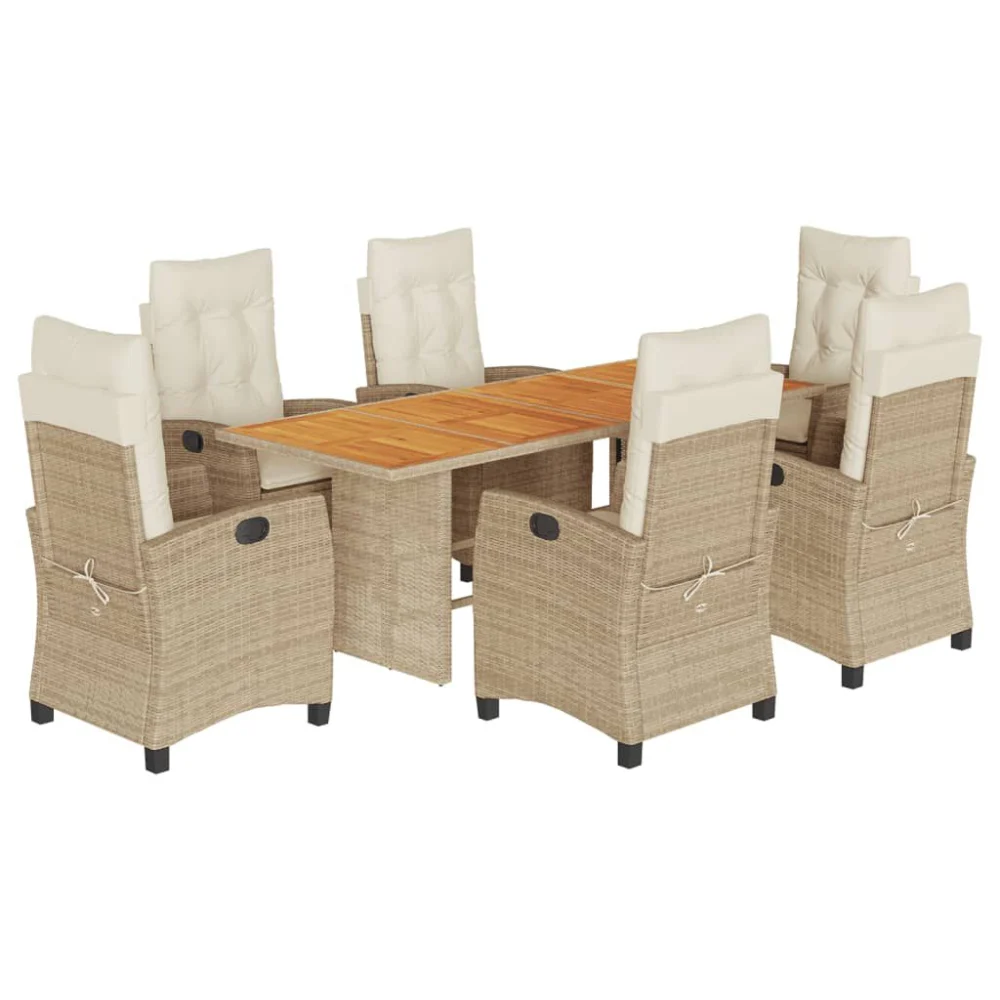7 Piece Beige Poly Rattan Patio Dining Set with Cushions Outdoor Furniture