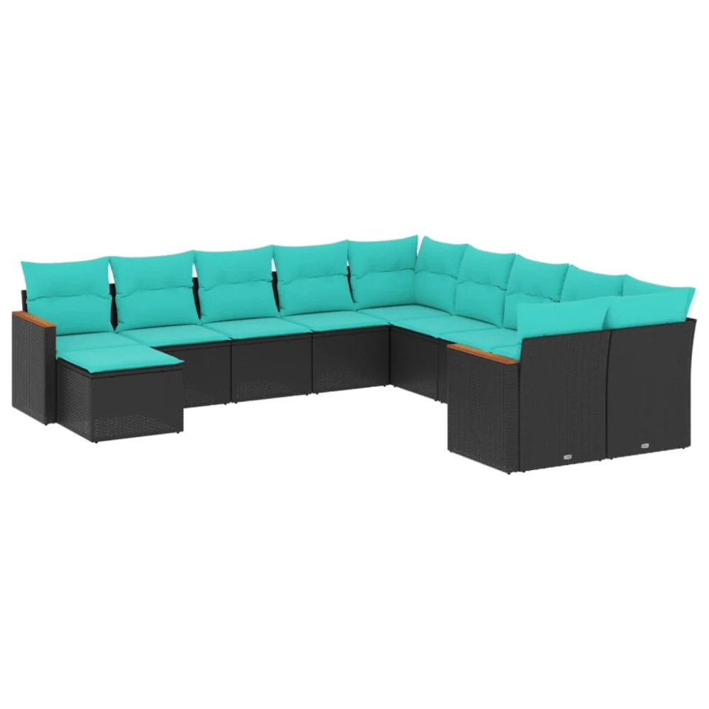 11 Piece Patio Sofa Set with Cushions Black Poly Rattan Outdoor Sectional Furniture