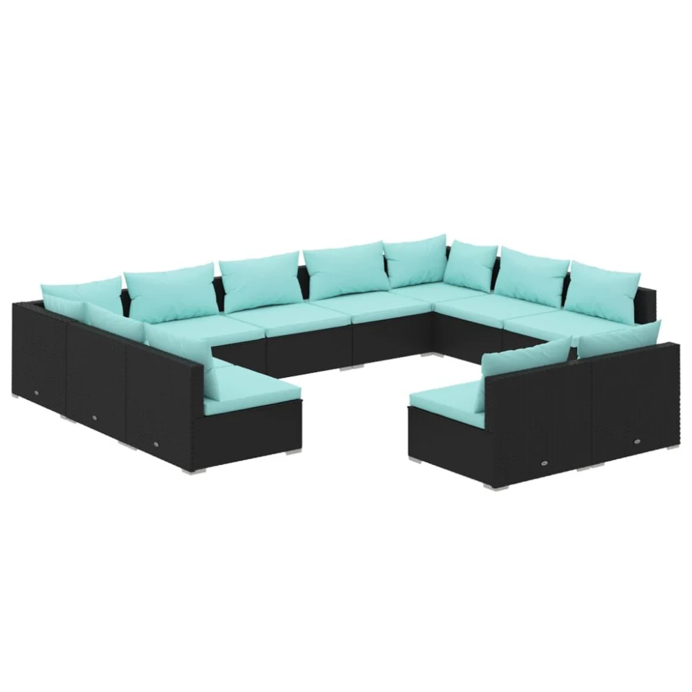 11 Piece Black Poly Rattan Patio Lounge Set with Cushions Outdoor Furniture