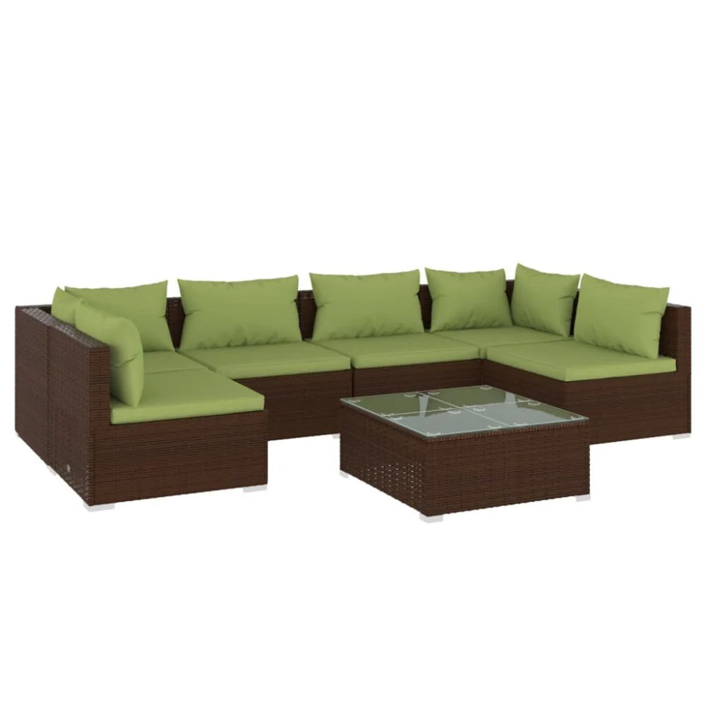 7 Piece Brown Poly Rattan Patio Lounge Set with Cushions Outdoor Furniture