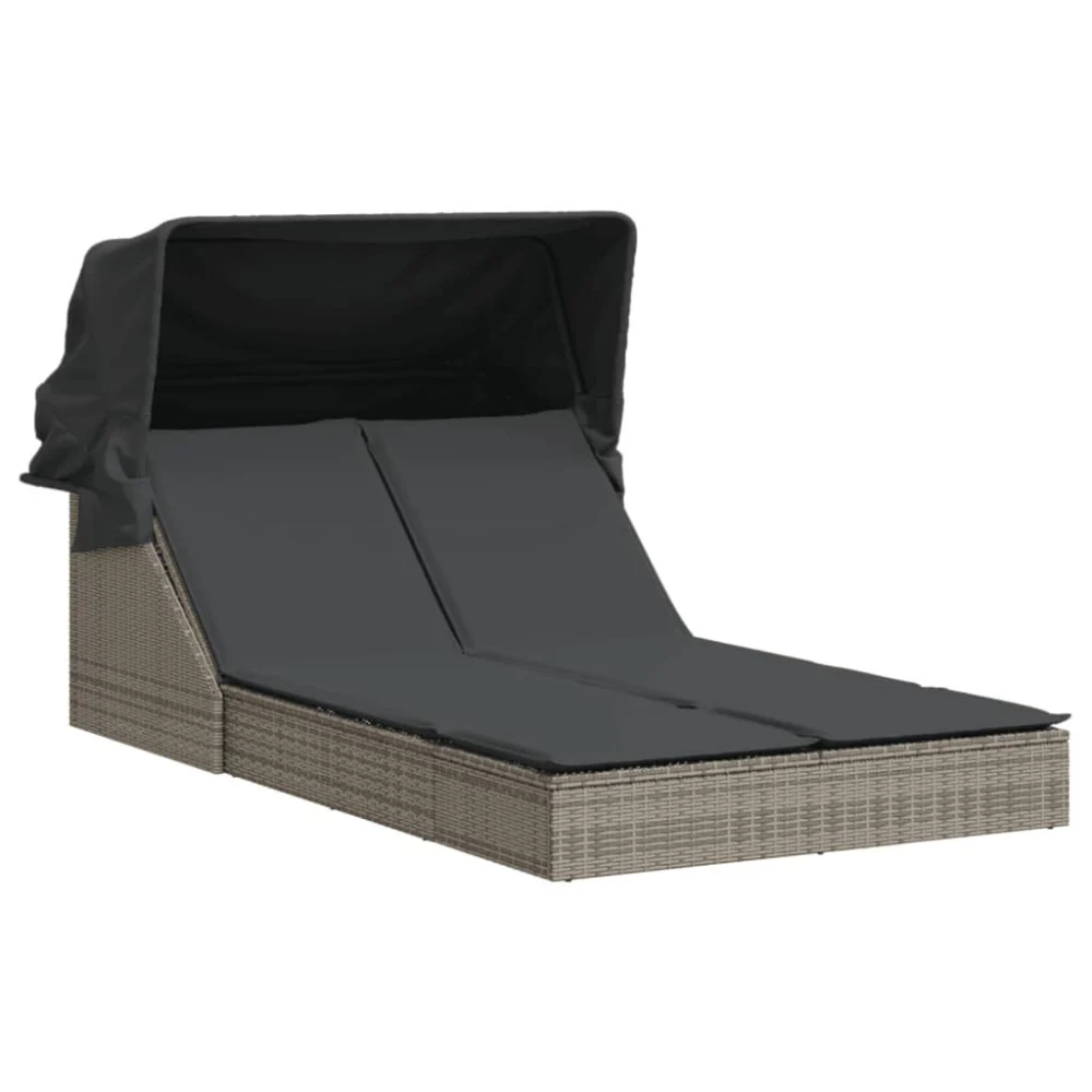 Double Patio Sun Lounger with Canopy and Cushions Gray Poly Rattan