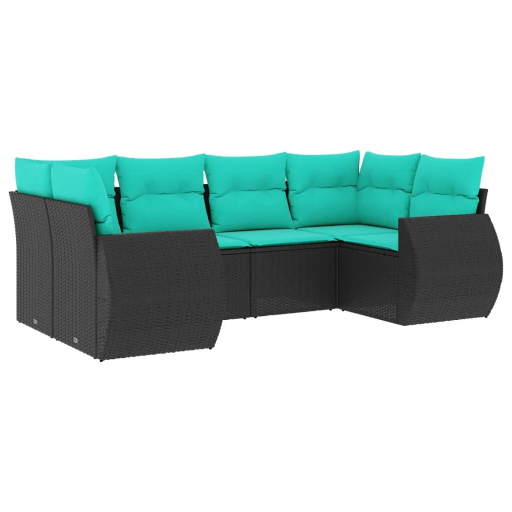6 Piece Black Poly Rattan Patio Sofa Set with Cushions