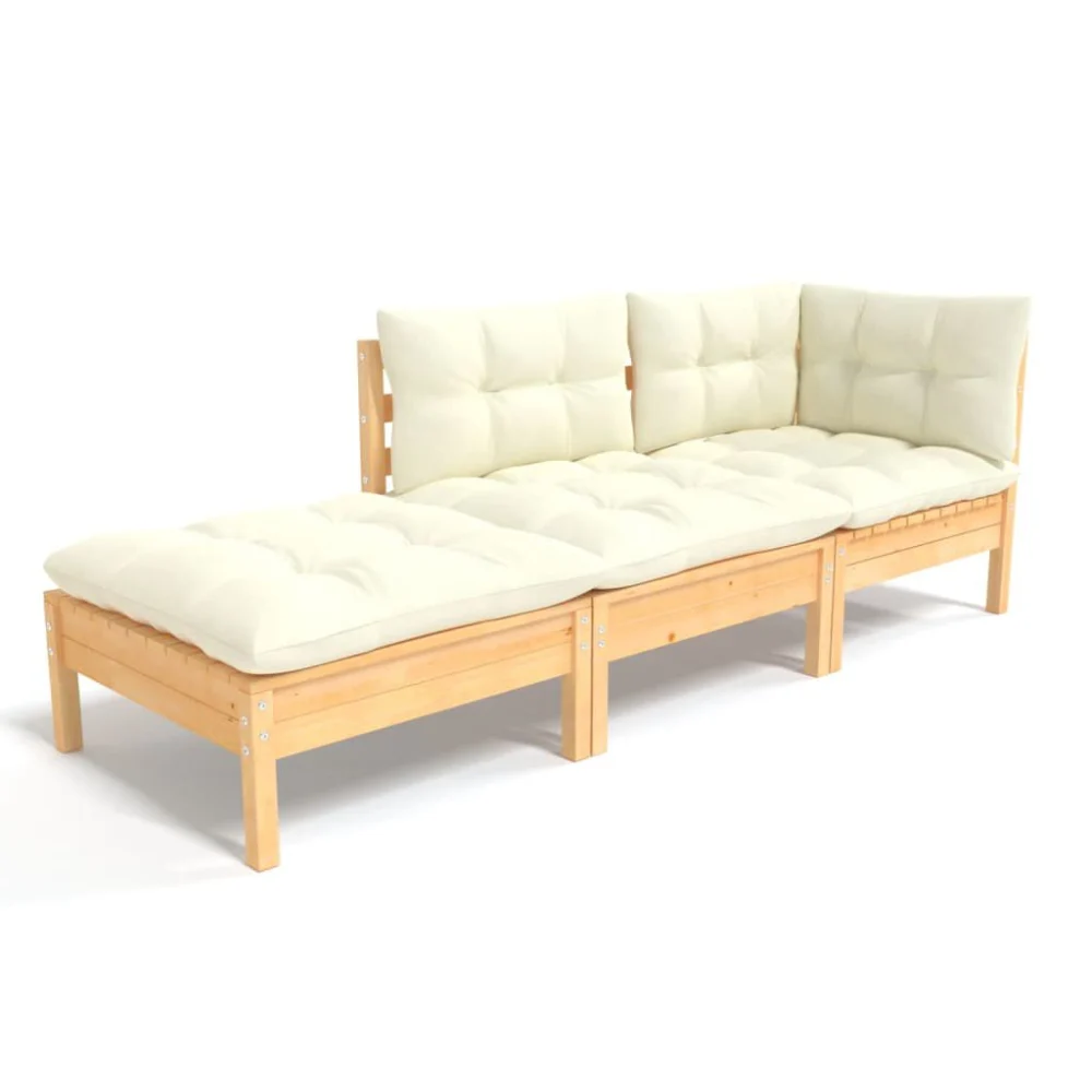 3 Piece Patio Lounge Set with Cream Cushions Solid Pinewood Outdoor Relaxation