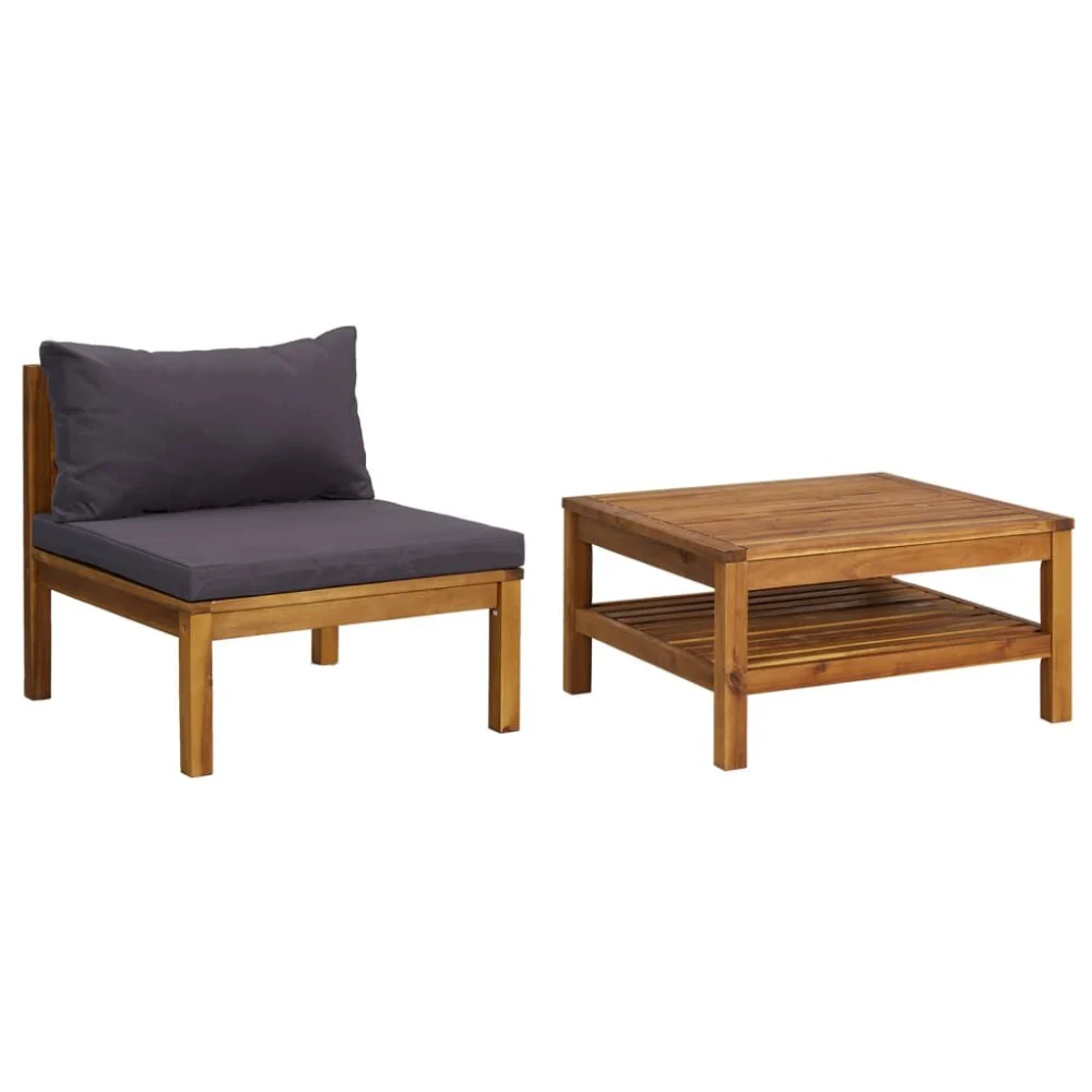 2 Piece Patio Sofa Set with Dark Gray Cushions Outdoor Acacia Wood Furniture
