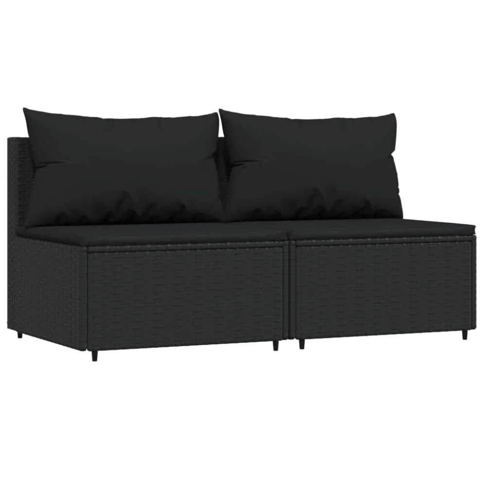 2 Piece Black Poly Rattan Patio Middle Sofas with Cushions for Outdoor