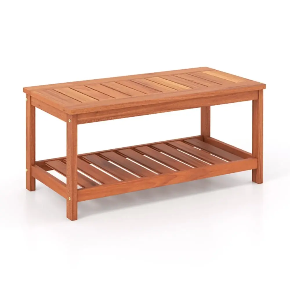 Canddidliike 2-Tier Patio Coffee Table with Slatted Tabletop and Shelf for Outdoor Storage