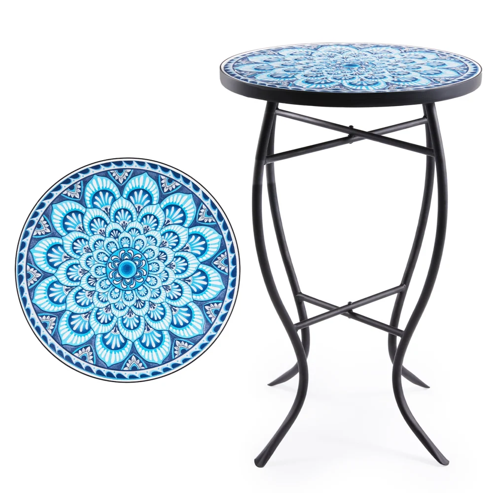 14 Side Table with Ceramic Tile Mosaic Top & Metal Frame for Outdoor Patio Mandala