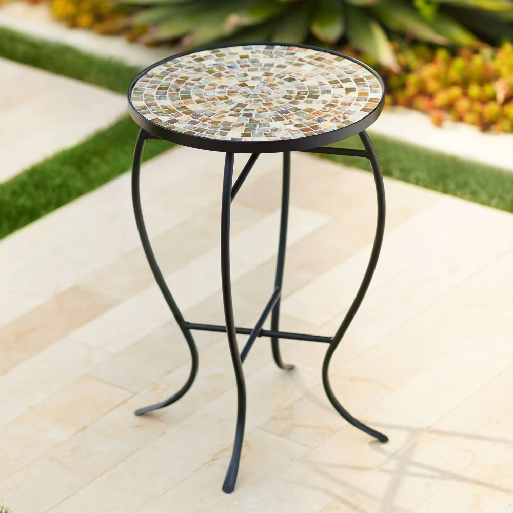 Teal Island Designs Modern Black Round Outdoor Accent Side Table 14 Wide Natural Mosaic Tabletop