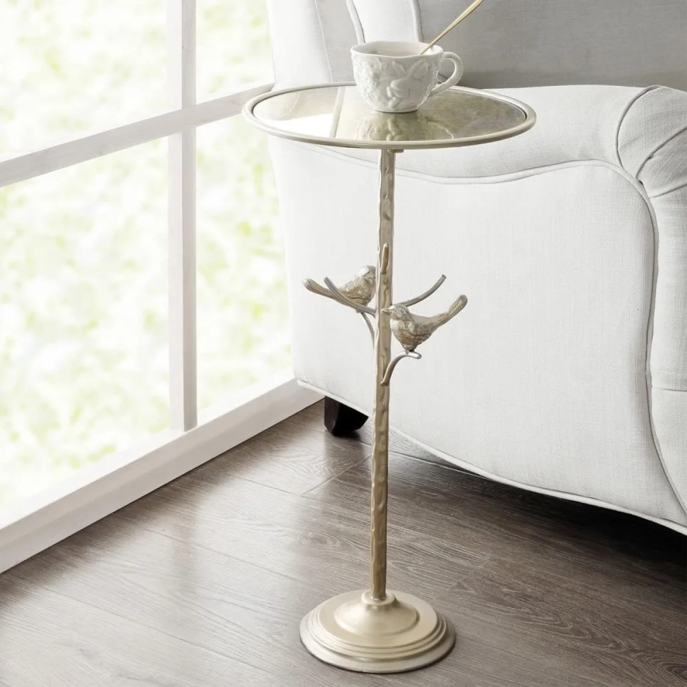 Antique Gold Pedestal Drink Table with Glass Top and Birds in Branch - Round Accent Side Table