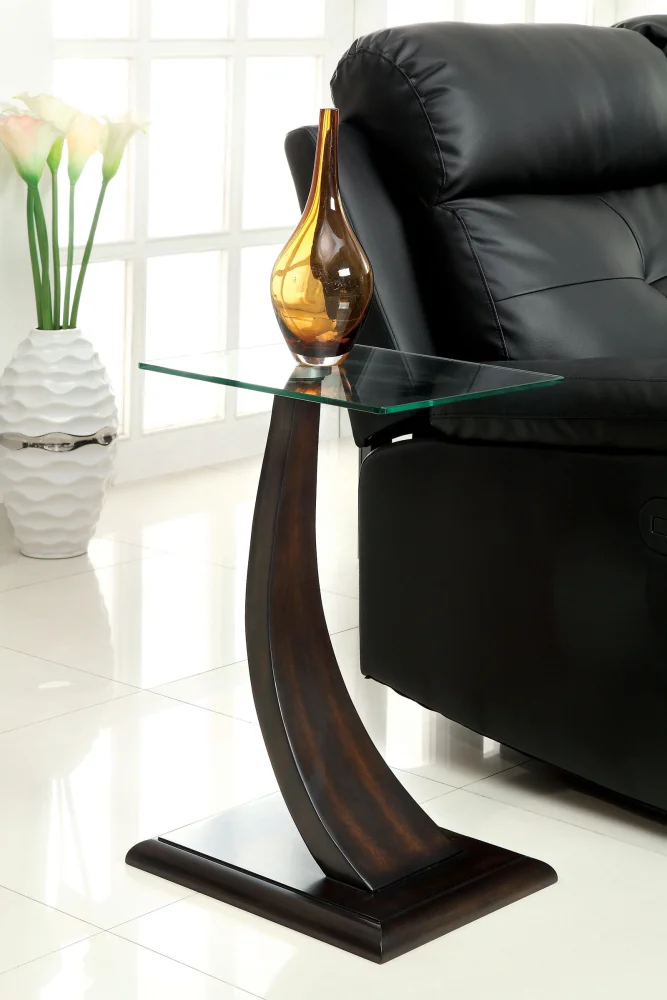 Furniture Of America Valon Dark Walnut Curved Pedestal Side Table With Glass Top - Elegant Living Room Accent Table