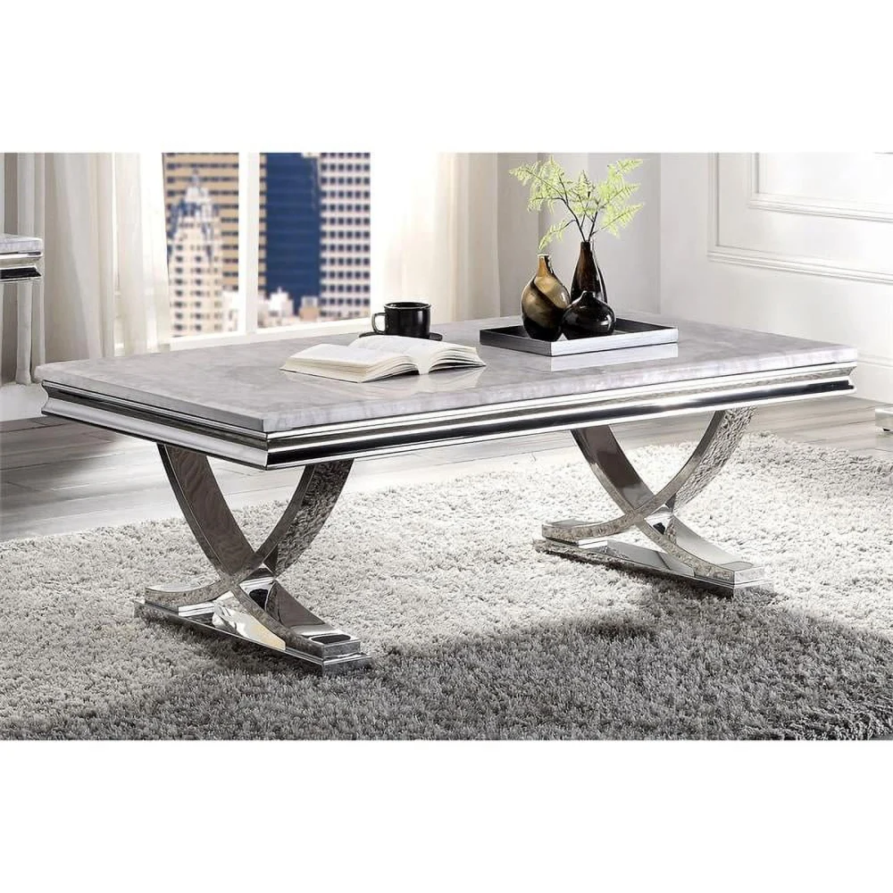 Furniture of America Linke Glam Chrome Double Pedestal Coffee Table Modern Living Room