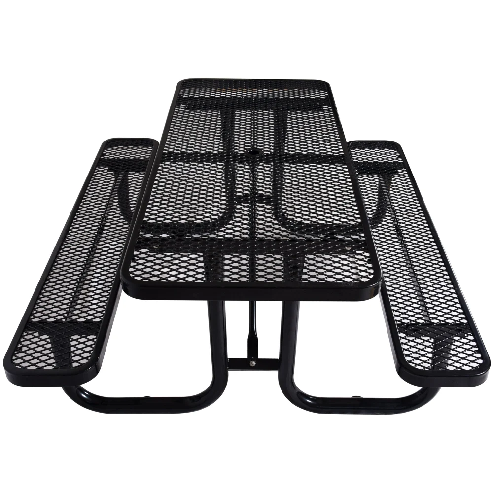 6 Ft Rectangular Outdoor Alloy Metal Picnic Table Black with Umbrella Pole