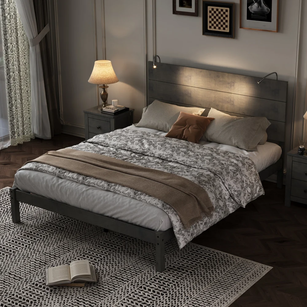 Farmhouse Timber Platform Full Bed Modern Bed Frame with Two Drawers