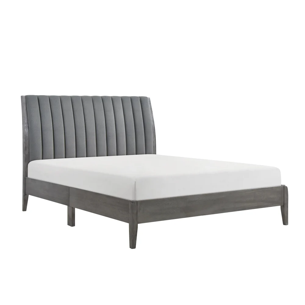 Modern Queen Size Platform Bed With Velvet Upholstered Headboard Gray