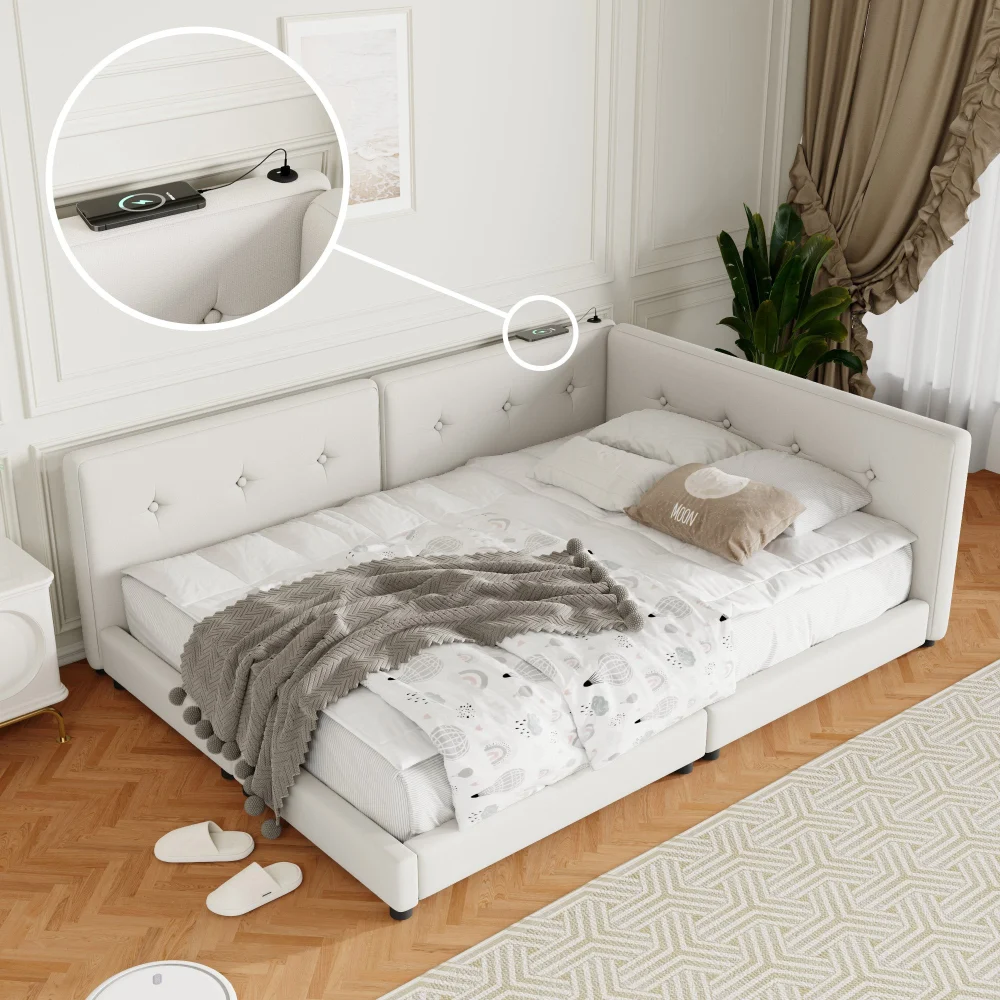 Beige Upholstered Queen Platform Bed with USB Ports and Box Spring