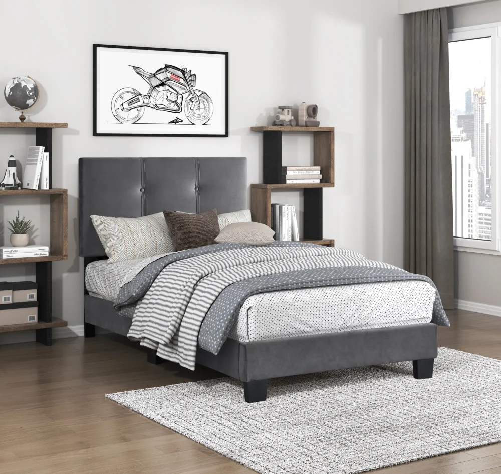 1Pc Twin Platform Bed Dark Gray Velvet Upholstered Customizable Height Bed Frame