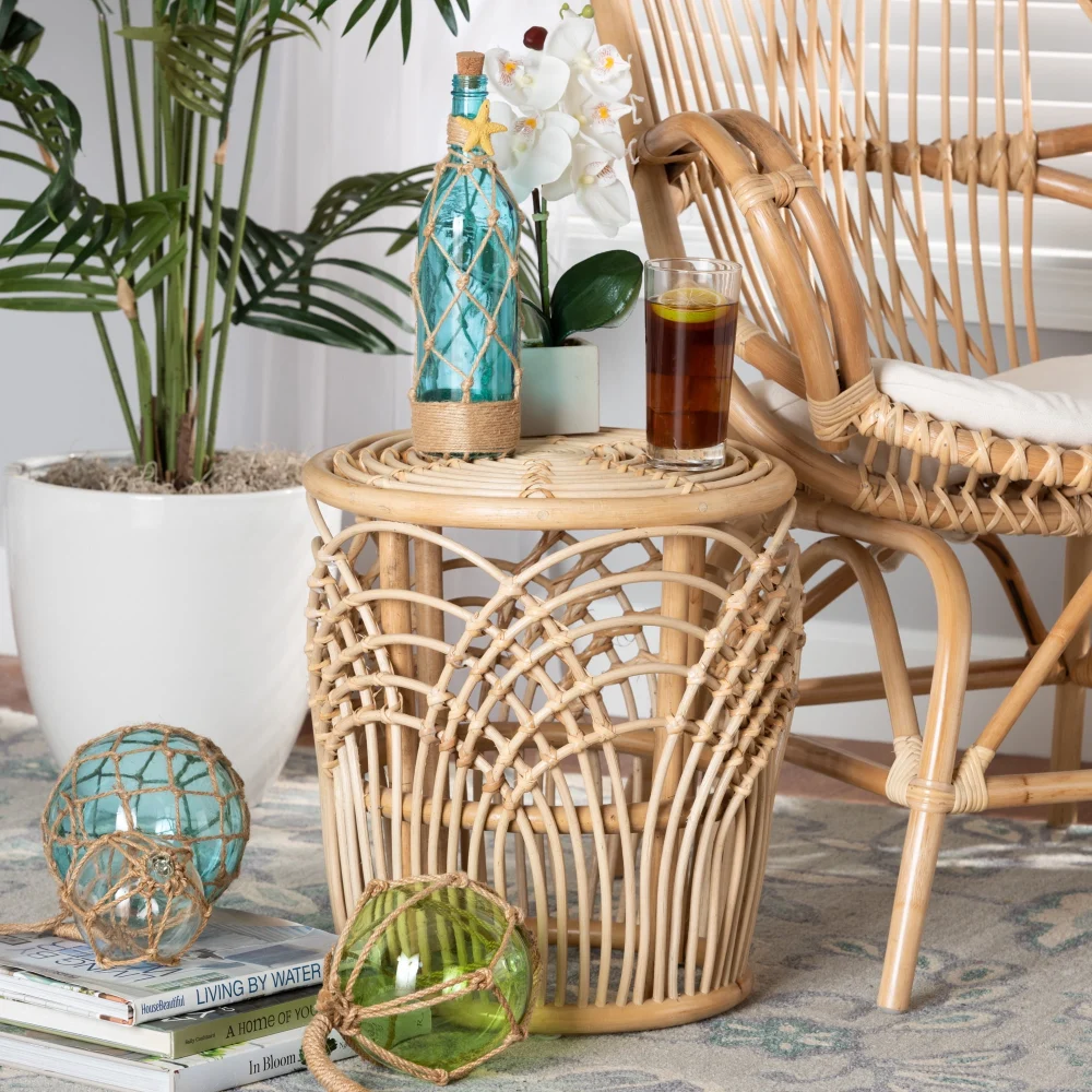 bali & pari Edena Rattan BOHO End Table Natural Brown Handmade Side Table for Living Room Bedroom