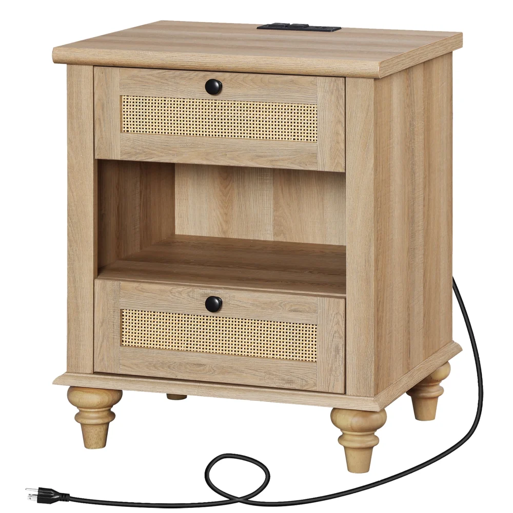 Rattan End Table with Charging Station Light Oak for Living Room Bedroom Kids Room