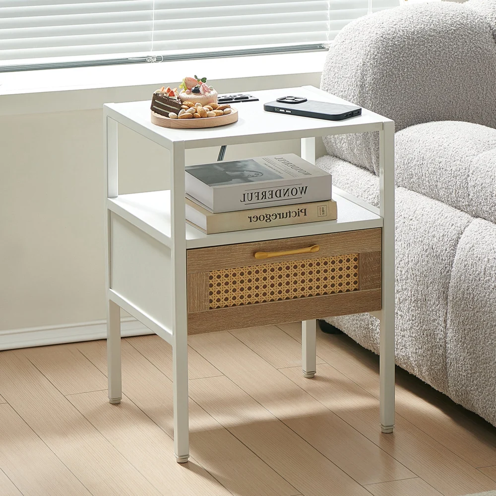 15.75 Rattan End Table with Power Outlet USB Ports Modern Nightstand with Drawer