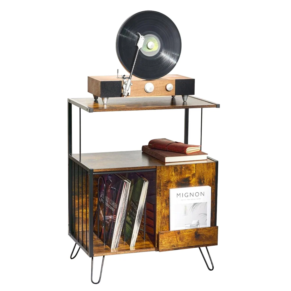 EasyPAG 3 Tier Vinyl Record Player Stand Sturdy Ironwood Turntable Display Table with Dividers