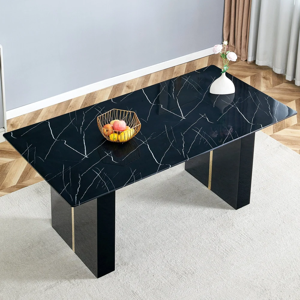 Large Modern Rectangular Table with Black Patterned Countertop - Stylish Dining Table