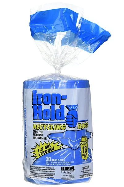 Iron-Hold 618781 Tall Kitchen Recycling Bags and Ties Blue 13-Gal 30-Count