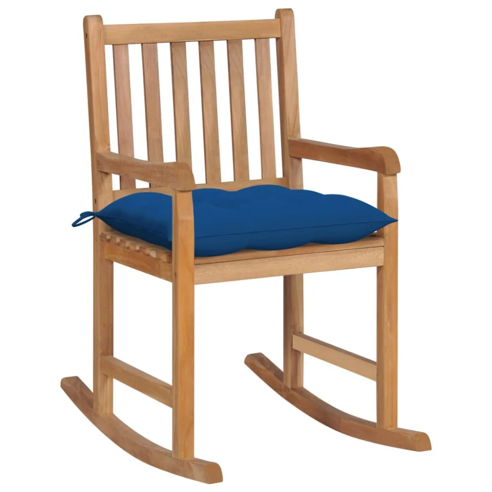 Blue Cushion Rocking Chair Solid Teak Wood Outdoor Porch Rocker