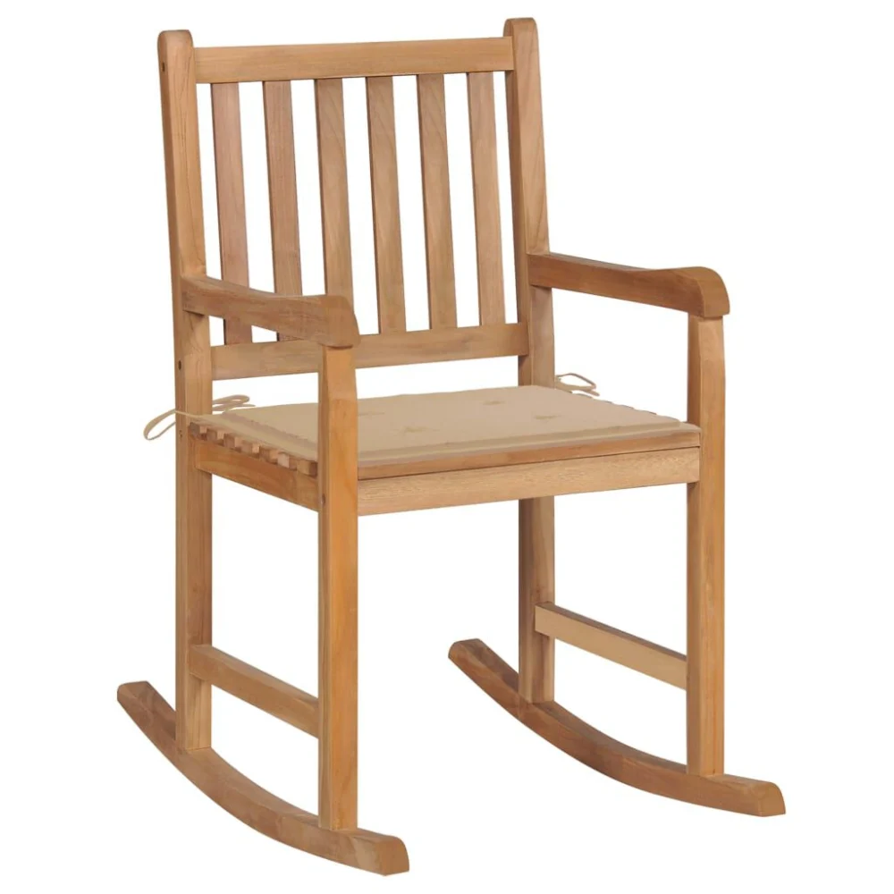 Solid Teak Wood Rocking Chair with Beige Cushion Outdoor Patio Furniture