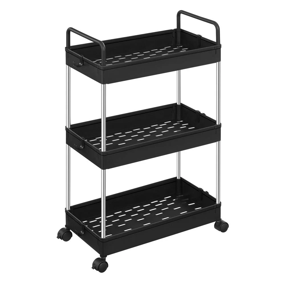 Black Plastic 3-Bin Storage Cart with Wheels for Easy Mobility