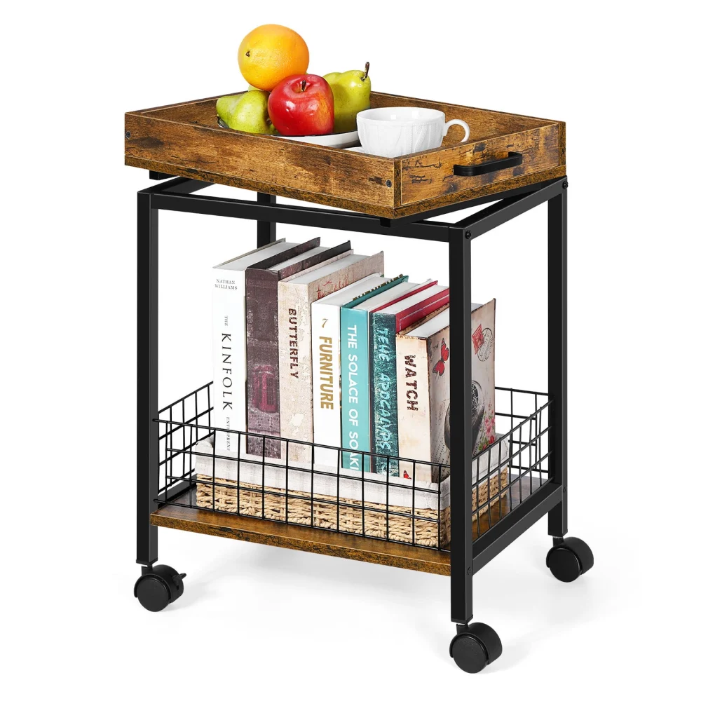 Rolling Side Table End Table with Removable Serving Tray Nightstand Storage