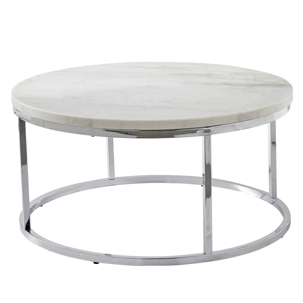 Steve Silver Echo White Marble and Chrome Metal Round Cocktail Table Modern Living Room Center Piece