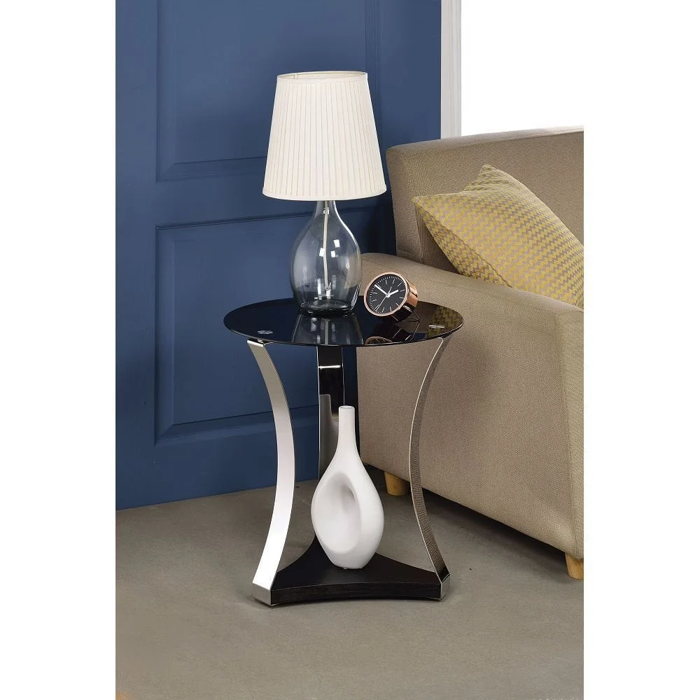 Hassch Modern Round End Desk Glass Top Metal Frame Black - 2-Tier Sofa Side Table
